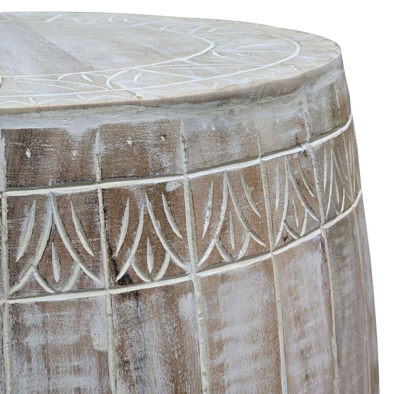 Serenity Barrel Side End Table with 18 Inch Round Top, In Antique White Mango Wood