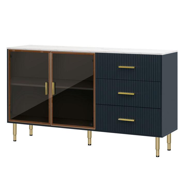 Modern MDF Buffet Cabinet with Glass Doors & Marble Top