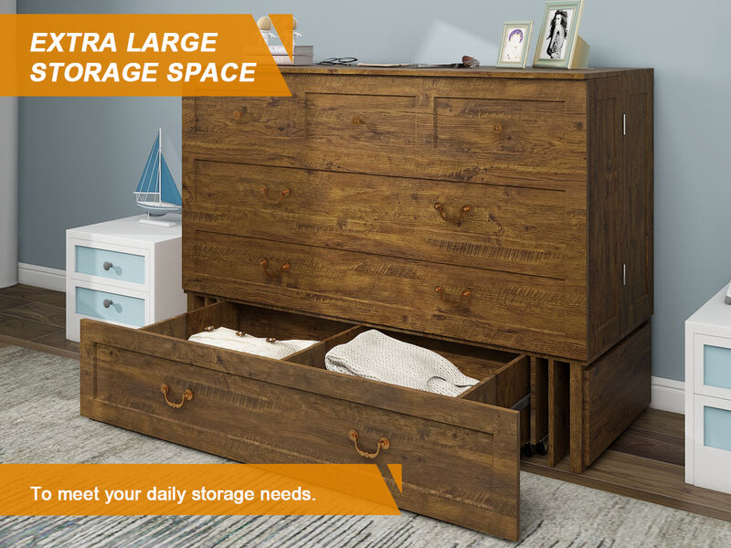 Murphy Bed Cabinet, Murphy Bed Queen with USB and Charging Ports, Murphy Bed Cabinet with Drawer,Reddish-Brown Cabinet Bed