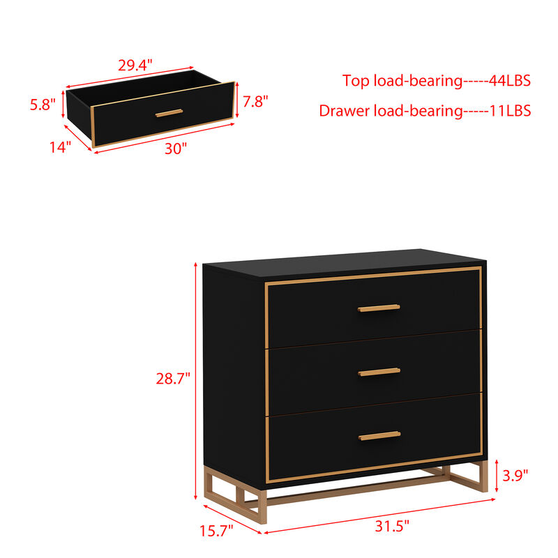 FUFU&GAGA Modern Black 3-Drawer Dresser with Gold Trim, Metal Handles & Base – Stylish Storage Cabinet for Bedroom(31.5"W x 15.7"D x 28.7"H),Black