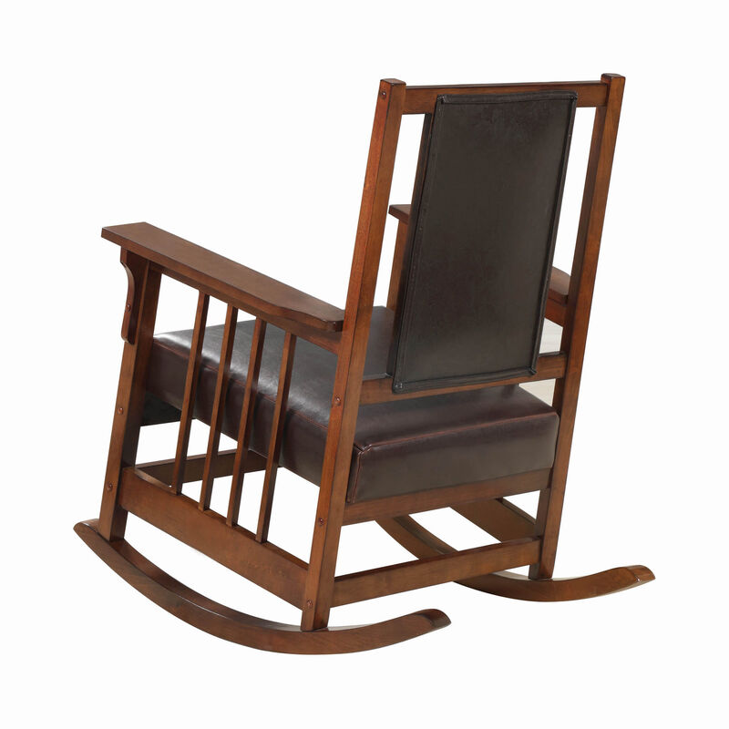 Mission Style Rocking Chair, Leather Upholstered Seat & Back, Tobacco and Dark Brown-Benzara