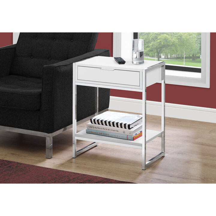 Monarch Specialties I 3480 Accent Table, Side, End, Nightstand, Lamp, Storage Drawer, Living Room, Bedroom, Metal, Laminate, Glossy White, Chrome, Contemporary, Modern