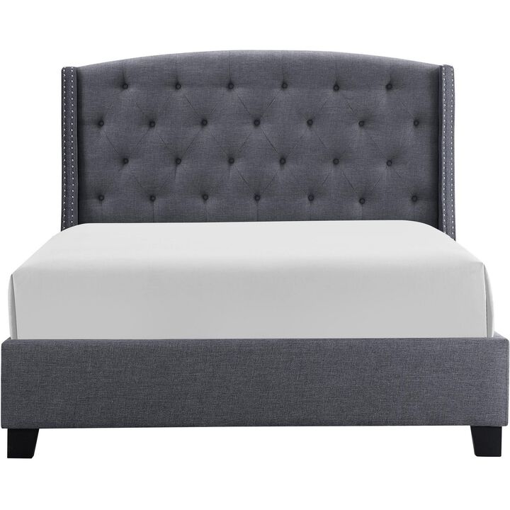 Elle King Size Bed, Low Profile, Button Tufted Upholstered Headboard, Gray - Benzara