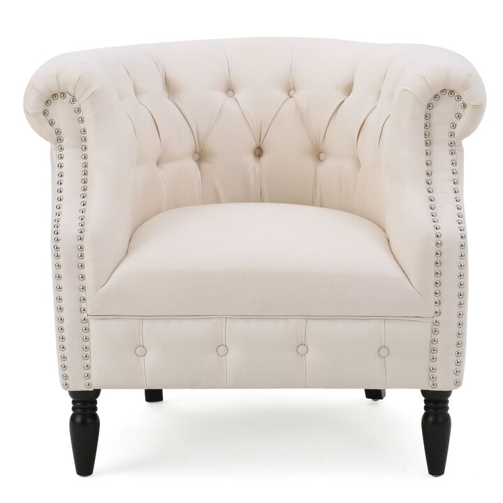 37 Inch Accent Club Chair, High Tufted Back, Studded Arms, Beige Fabric