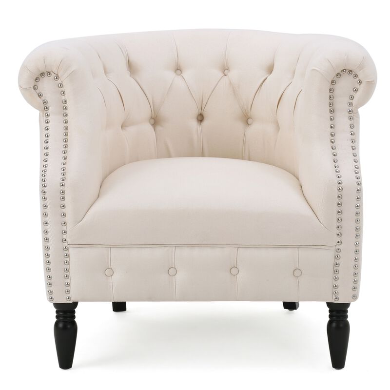 37 Inch Accent Club Chair, High Tufted Back, Studded Arms, Beige Fabric