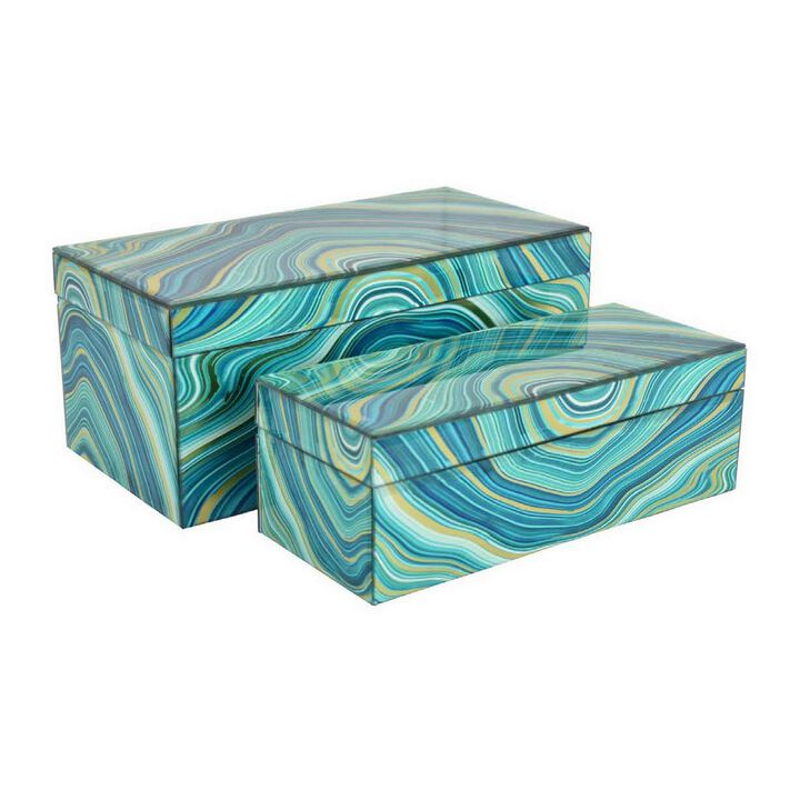 Dory Decorative Box Set of 2, Faux Marble Accent Teal Blue Gold Glass - Benzara
