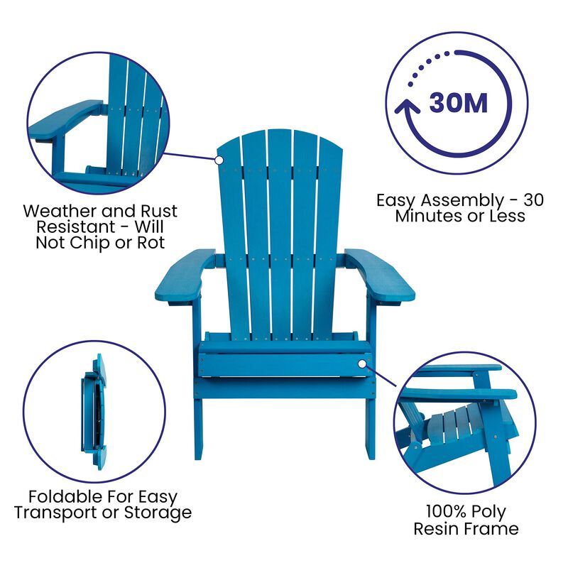 Flash Furniture Charlestown Commercial Folding Adirondack Chair - Blue - Poly Resin - Indoor/Outdoor - Weather Resistant
