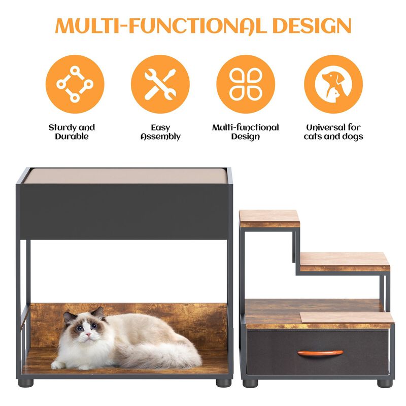 Dog Window Perch with Steps, Non-Slip Pad, Storage Drawer, and Sponge Cushion, Pet Bunk Bed, Black + Vintage