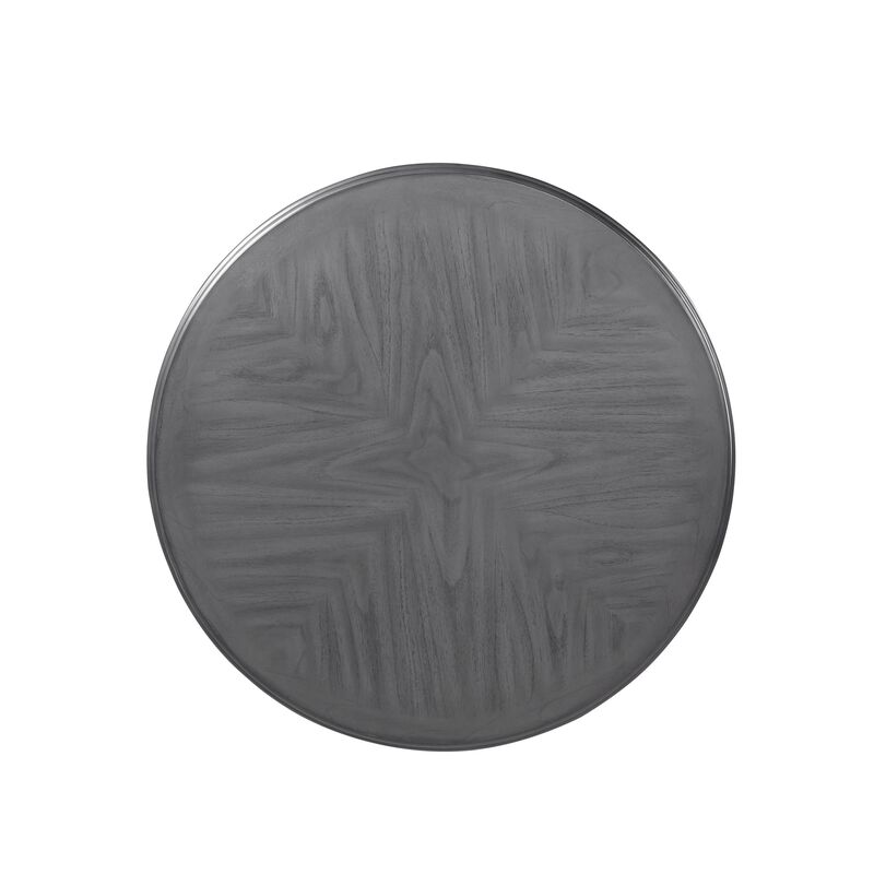 Ceri 5 Piece Round Dining Table and Chair Set, Gray Wood, White Fabric - Benzara