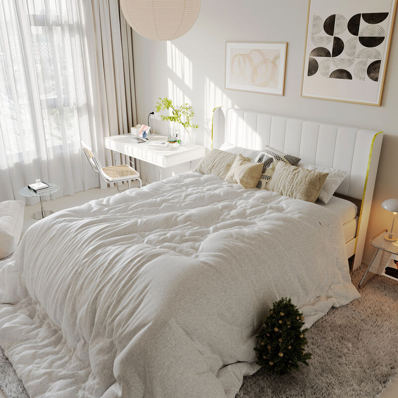 FUFU&GAGA Modern White and Gold Bed Frame with PU Leather Headboard, P2 MDF Construction, and Sturdy Golden Feet (81.1" L x 63" W x 44" H),White and Gold