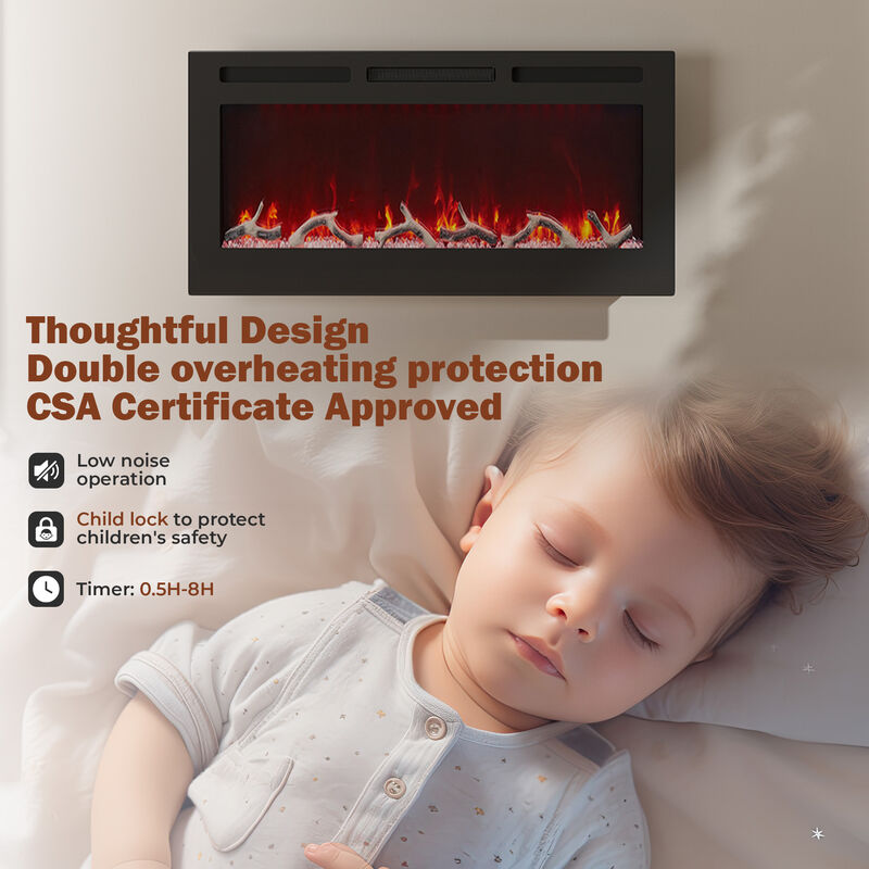 MONDAWE 36" Wall-Mounted Recessed Electric Fireplace 4780 BTU Heater with Remote Control Adjustable Flame Color & Temperature Setting