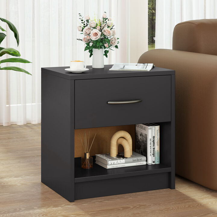 Bedside Table Nightstand with Drawer and Open Storage Shelf