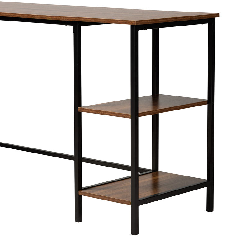Baxton Studio Lydia Walnut Brown Finished and Black Metal L-Shaped Corner Desk with Shelves