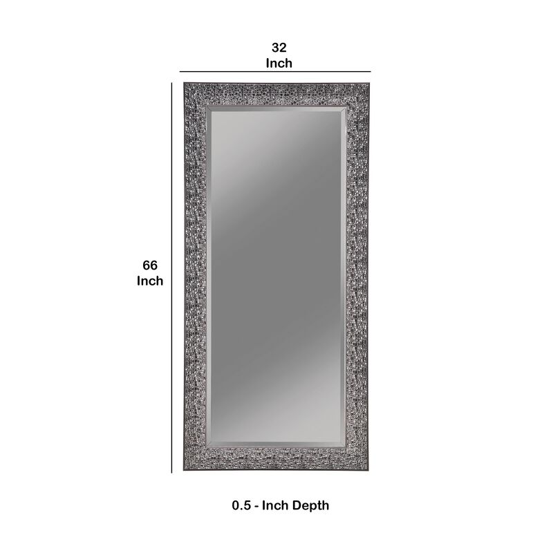 Rectangular Beveled Accent Floor Mirror with Glitter Mosaic Pattern, Gray-Benzara