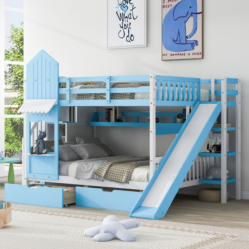 Full Over Full Castle Style Bunk Bed With 2 Drawers 3 Shelves And Slide