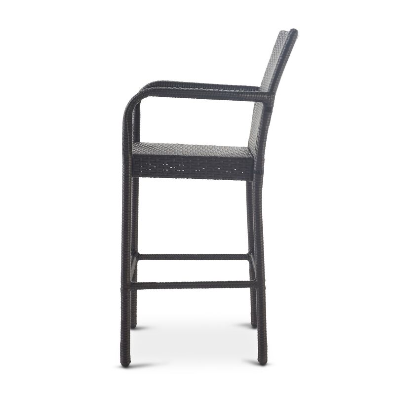 Outdoor Barstool Chair Set of 2, Gray PE Rattan Woven, Iron Frame - Benzara