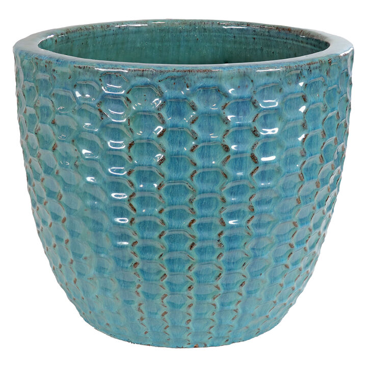 Sunnydaze Turquoise Raised Hexagon Pattern Ceramic Planter - 14"