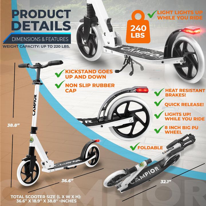 Kick Scooter for Ages 6+, for Kids, Teens, and Adults, Max Load 240 LBS, Foldable, 8-inch Big Wheels for Kids and Adults, with Kickstand, 3 Adjustable Levels, Child Safety Approved