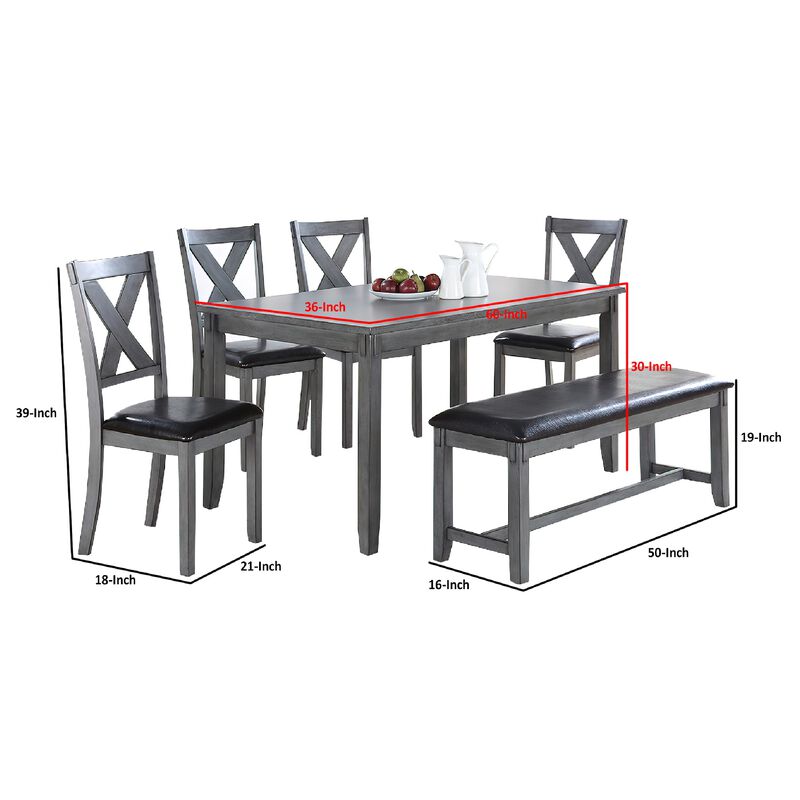 Modern 6 Piece Dining Set with Table, 4 Chairs and Bench, Gray Faux Leather - Benzara