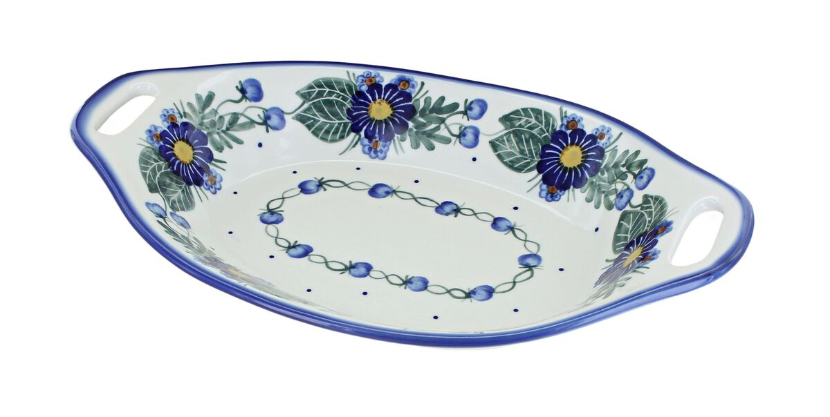 Blue Rose Polish Pottery Hyacinth Oval Dish with Handles