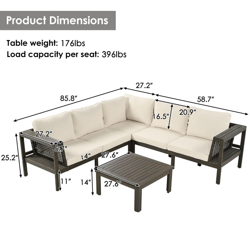 Whisen 4-Piece Acacia Wood Outdoor L-Shaped Sofa Set with Woven Mesh Armrests and Coffee Table