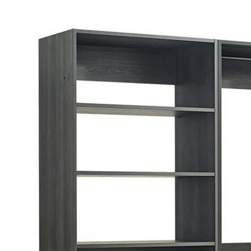Dee Modular Closet System, 3 Hanging Rods and 6 Shelves, Dark Gray Wood - Benzara