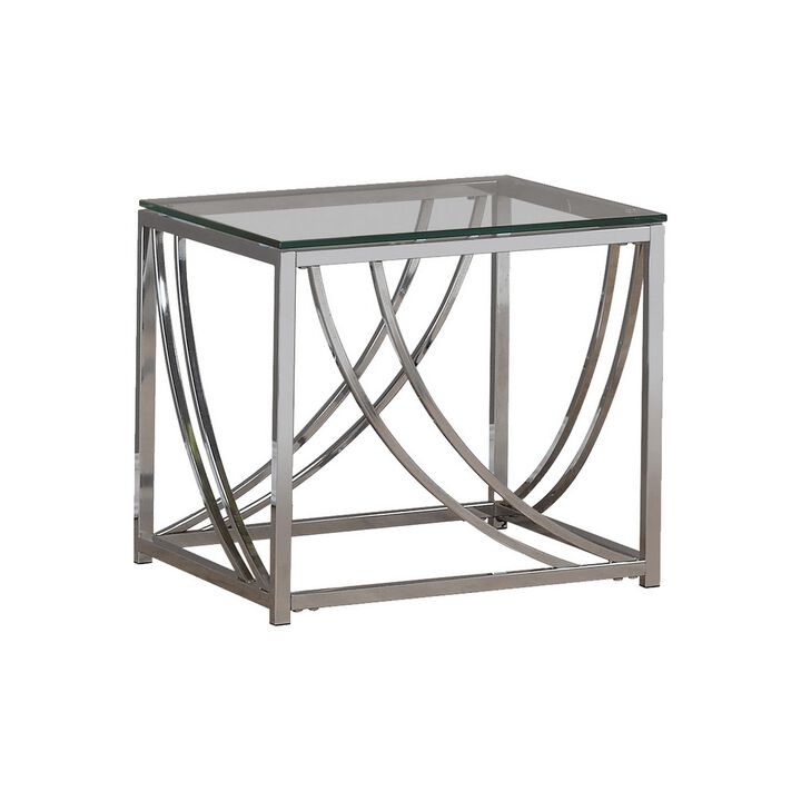 Tempered Glass Top End Table with Metal Tubular Legs, Chrome and Clear-Benzara