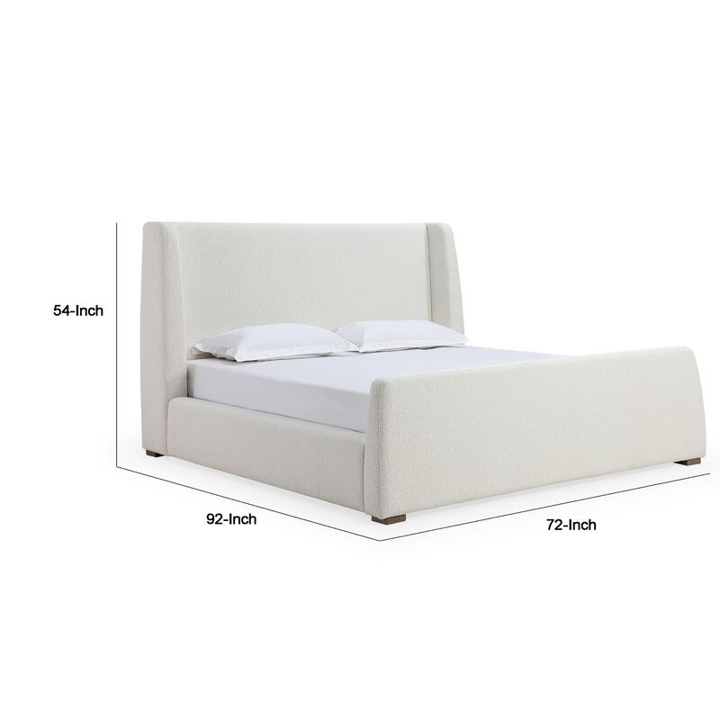 Mosi Queen Platform Bed, Wingback Headboard, White Boucle Fabric Upholstery - Benzara