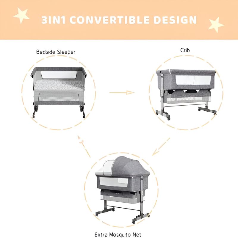 Baby Bassinet Bedside Sleeper 3-in-1 Adjustable Bedside Crib for Newborns & Infants