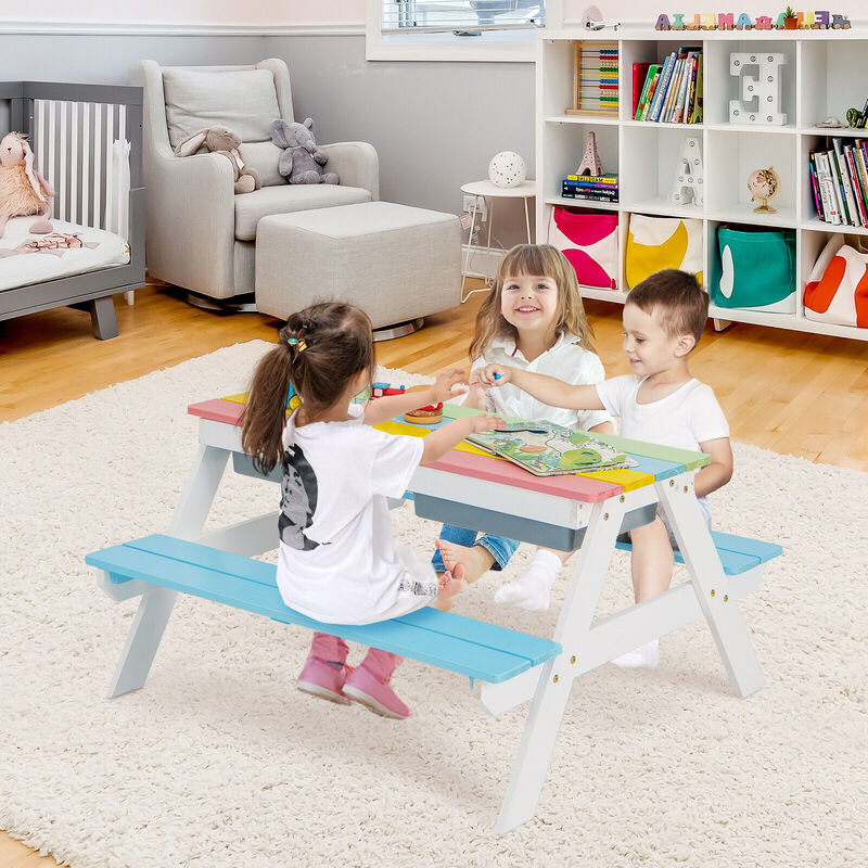 3-in-1 Kids Outdoor Picnic Water Sand Table with Umbrella Play Boxes in Blue