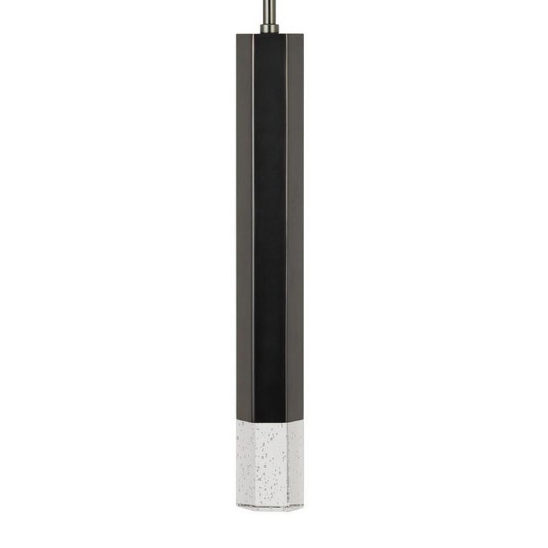 Hexagonal Metal Frame Single LED Light Pendant with Glass Diffuser, Black - Benzara