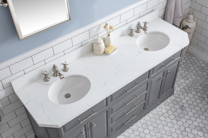 Palace 72 In. Double Sink Carrara Quartz Countertop Bath Vanity in Cashmere Grey with Polished Nickel (PVD) Hardware and Waterfall Faucets