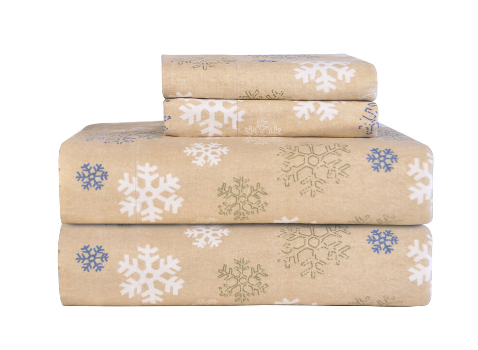 Pointehaven Heavy Weight 100% Cotton Snowflakes Brown Printed 170 GSM Flannel 4 pc Sheet Set, Full