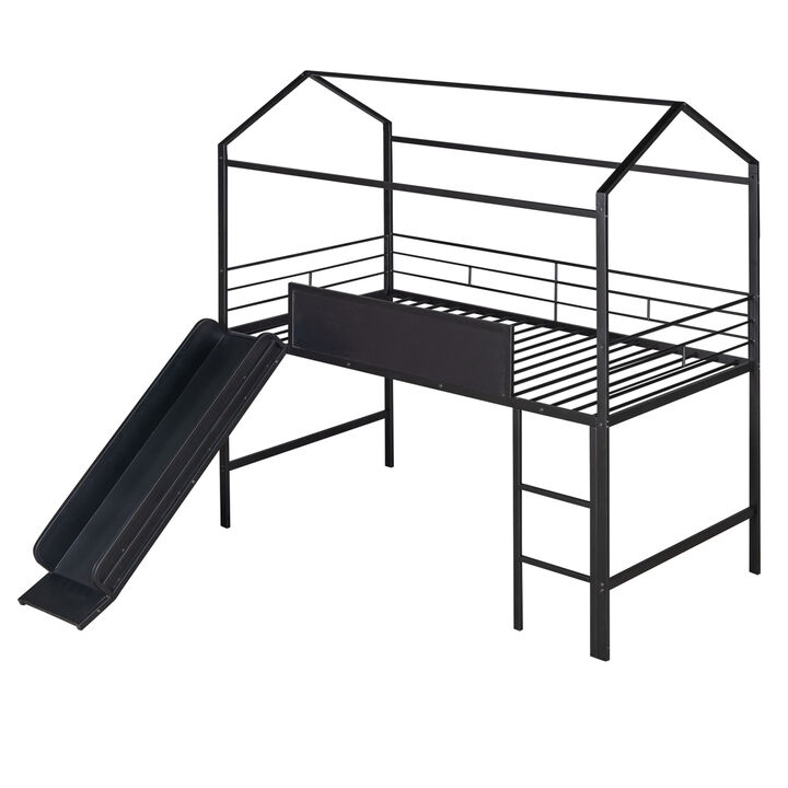 Metal House Bed With Slide, Twin Size Metal Loft Bed With Two-Sided Writable Wooden Board