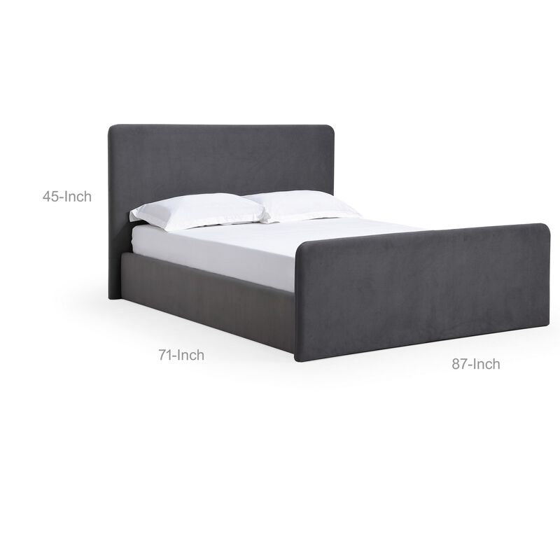 Cave Queen Size Platform Bed, Soft Velvet Upholstered, Charcoal Gray - Benzara