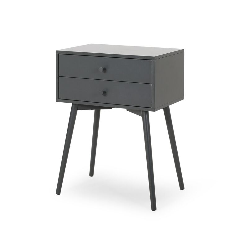 Cale Side Table, 2 Drawer 18 Inch Rectangular, Grooved Gray Rubberwood - Benzara