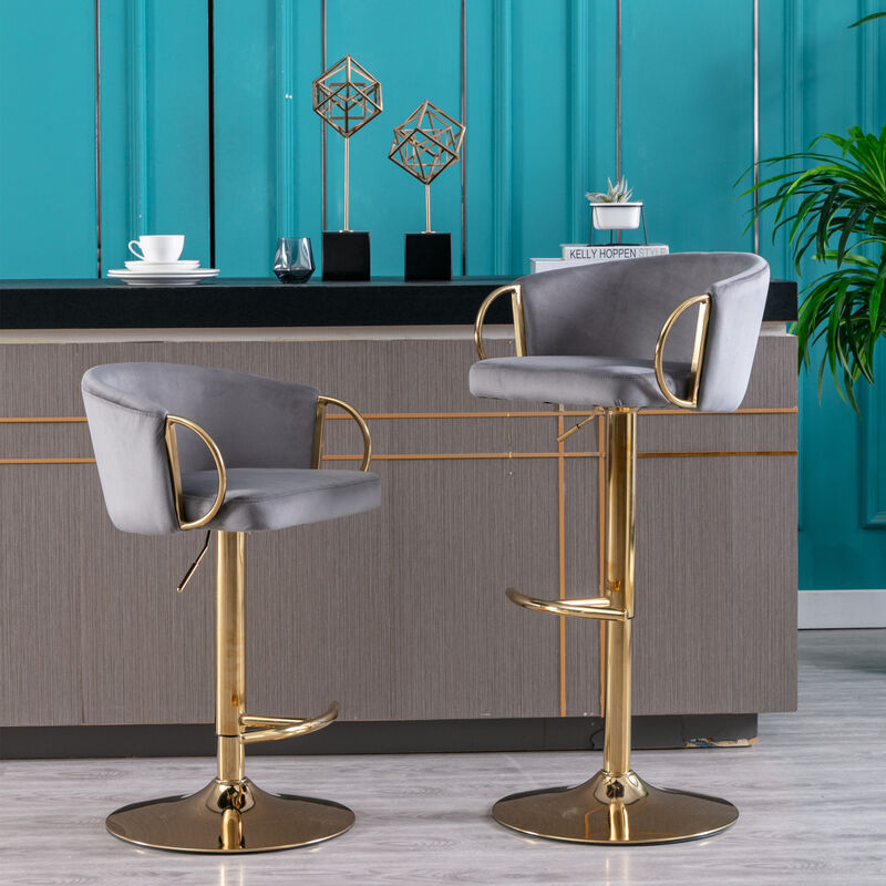 Set of 2 Bar Stools, with Chrome Footrest and Base Swivel Height Adjustable Mechanical Lifting Velvet + Golden Leg Simple Bar Stool-Grey
