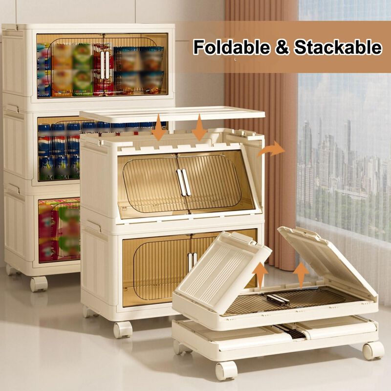 3-Tier Folding Storage Cabinet, Plastic Storage Bins with Magnetic Doors & Wheels for Closet and Home Organization