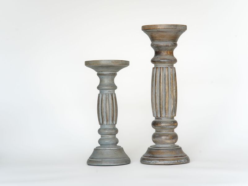 Traditional Antique Dusk Eco-friendly Handmade Mango Wood Set Of Two 6" & 9" Pillar Candle Holder