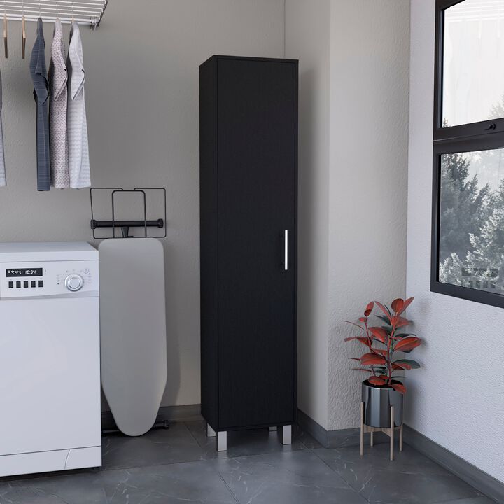 Dryden Tall Narrow Storage Cabinet with 5-Tier Shelf and Broom Hangers, Black -Garage
