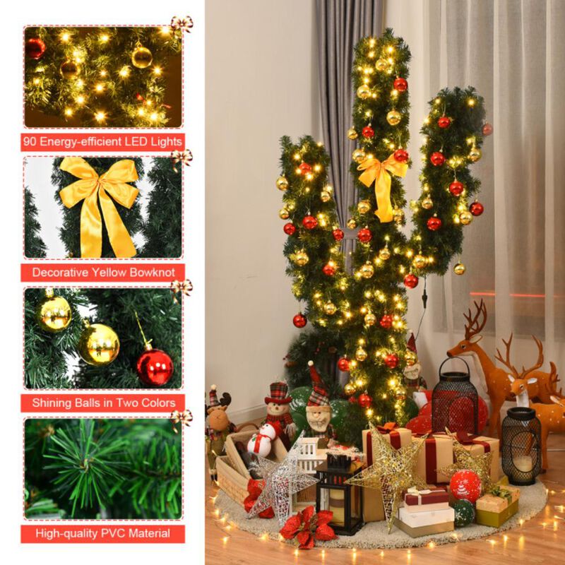 Hivvago 5/6/7 Feet Artificial Cactus PVC Christmas Tree with LED Lights and Ball Ornaments