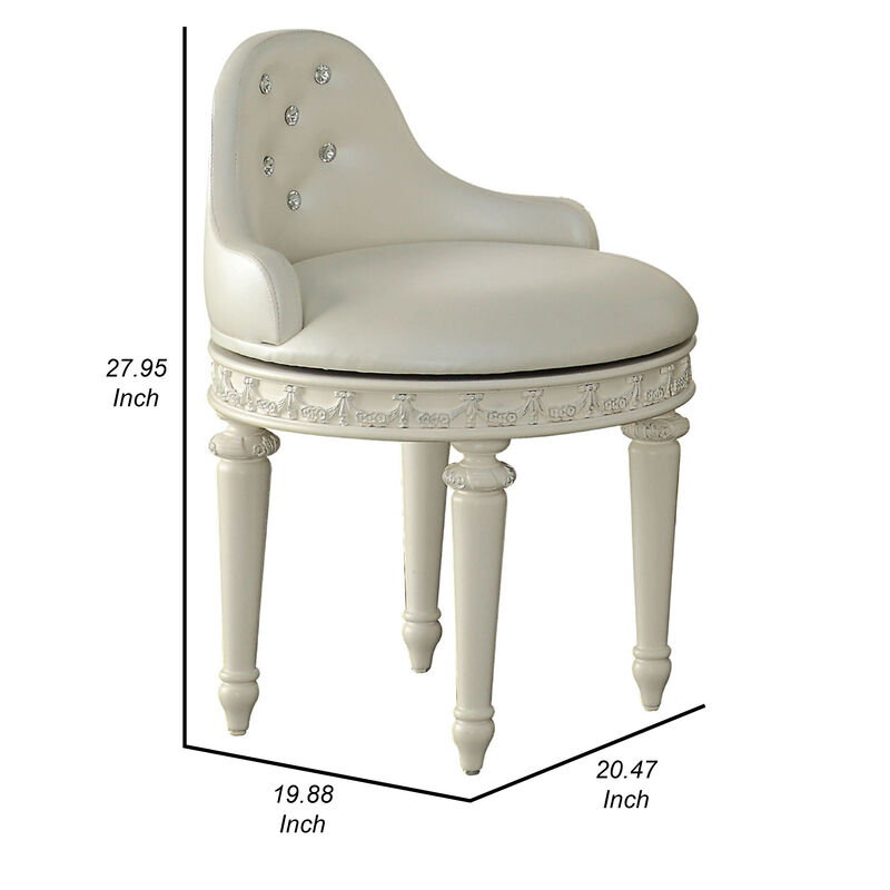 Dorie 21 Inch Swivel Chair Vanity Stool, Low Back, Ivory White Faux Leather - Benzara