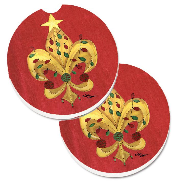 Caroline's Treasures Christmas Fleur De Lis Tree with Lights Set of 2 Cup Holder Car Coasters 8185CARC, 2.56, Multicolor