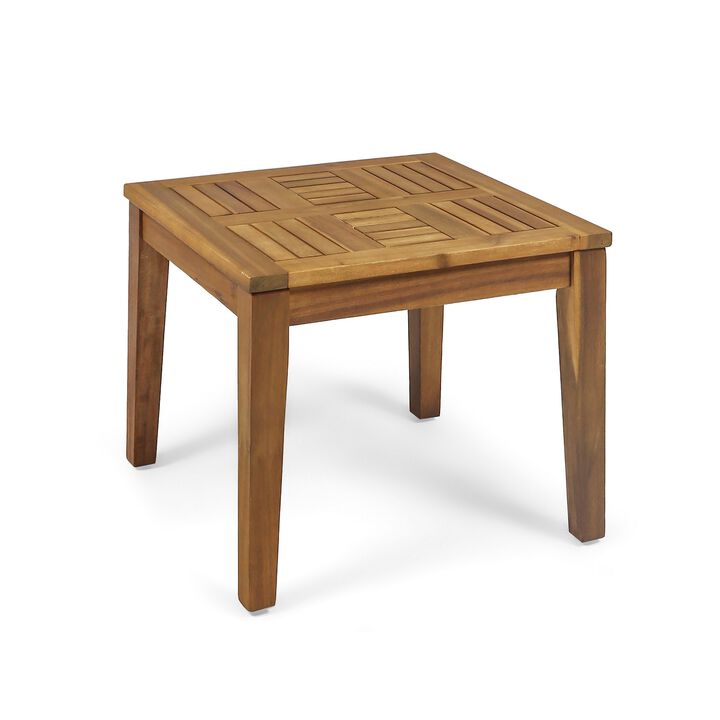 Bops Outdoor Side End Table, 20 Inch Square, Natural Brown Acacia Wood - Benzara