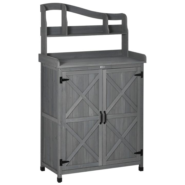 Grey Garden Workstation: Wooden Outdoor Cabinet with Potting Bench