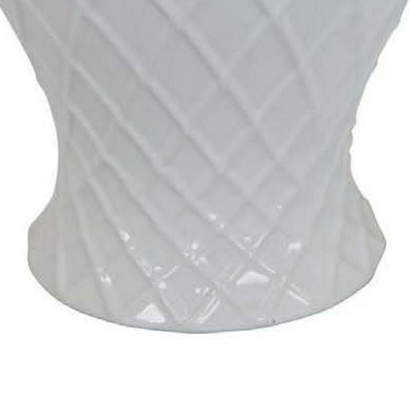 Livie 20 Inch Temple Ginger Jar, Geometric Design, Dome Lid, Ceramic, White - Benzara