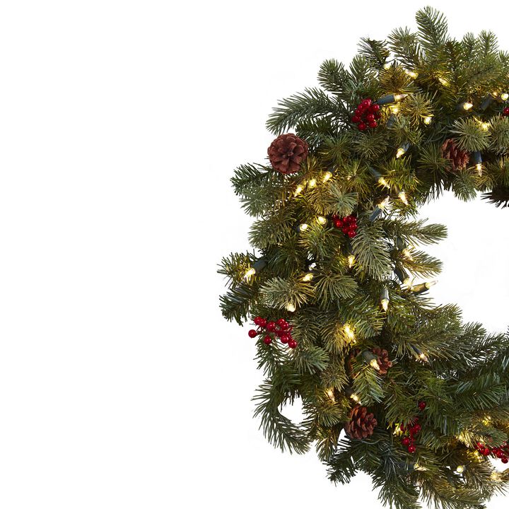 Hivvago 30" Lighted Pine Wreath w/Berries & Pine Cones