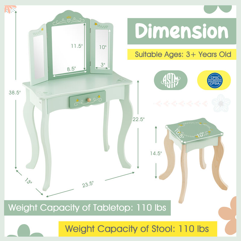 Kids Vanity Set with Tri-Folding Mirror – Girls' Makeup Table with Storage and Chair