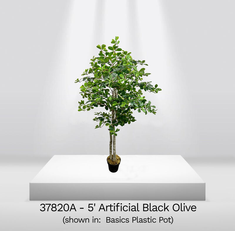 Handmade 5' Artificial Black Olive Tree In Home Basics Plastic Pot Made with Real Wood and Moss Accents