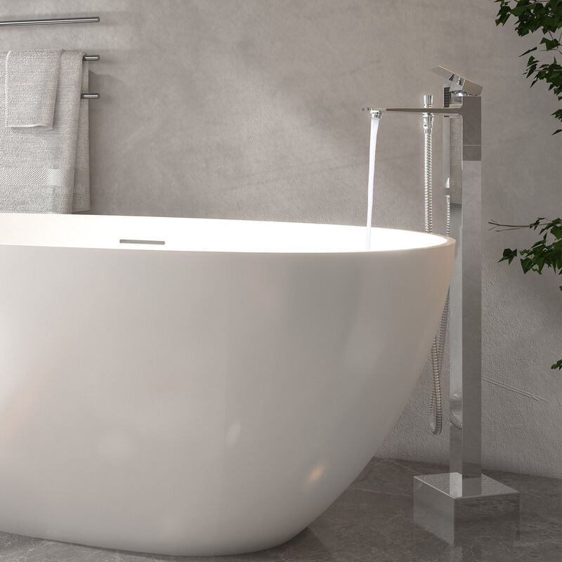 Mondawe One-Handle Brushed Nickel Floor Mount Freestanding Tub Faucet with Handheld Shower